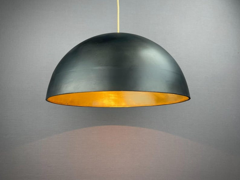 Handmade Moroccan Brass Pendant Light – Large Black Dome Ceiling Lamp with Gold Interior, Modern Minimalist Design & Warm Downlight
