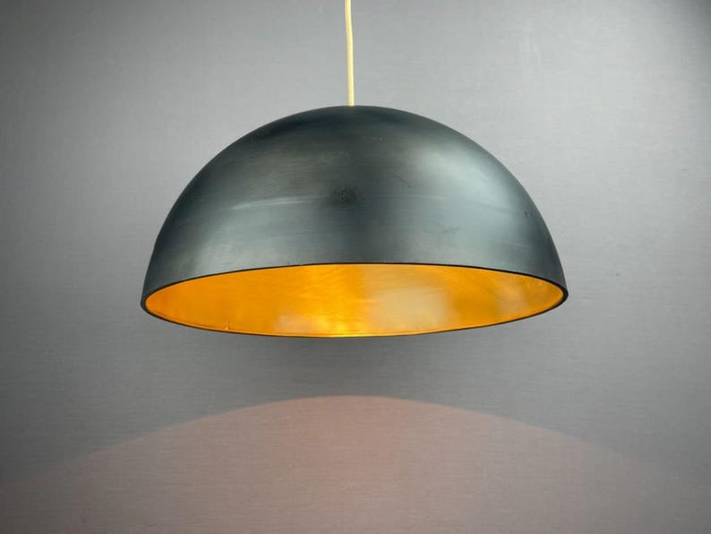 Handmade Moroccan Brass Pendant Light – Large Black Dome Ceiling Lamp with Gold Interior, Modern Minimalist Design & Warm Downlight