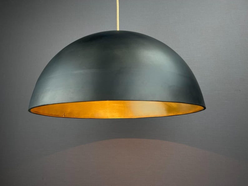 Handmade Moroccan Brass Pendant Light – Large Black Dome Ceiling Lamp with Gold Interior, Modern Minimalist Design & Warm Downlight