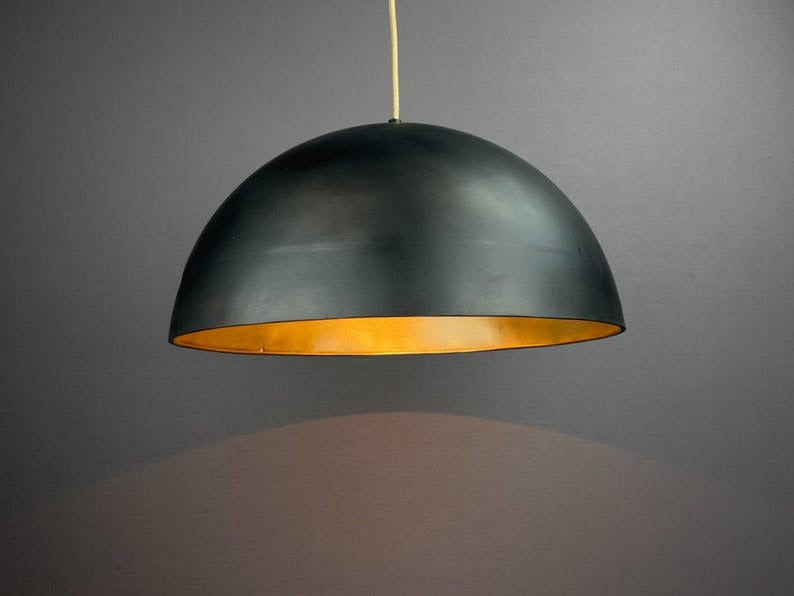 Handmade Moroccan Brass Pendant Light – Large Black Dome Ceiling Lamp with Gold Interior, Modern Minimalist Design & Warm Downlight
