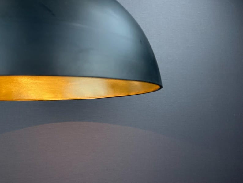 Handmade Moroccan Brass Pendant Light – Large Black Dome Ceiling Lamp with Gold Interior, Modern Minimalist Design & Warm Downlight