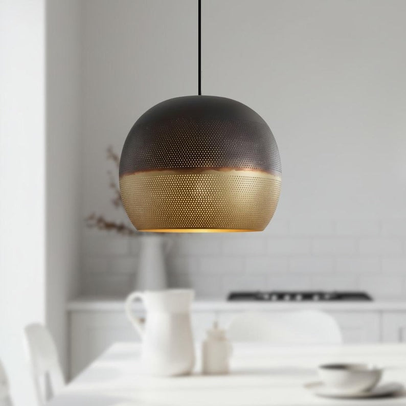 Handmade Two Tone Brass Pendant Light – Moroccan Gray & Gold Perforated Dome Hanging Lamp for Kitchen Island, Dining Room & Modern Boho Home Décor