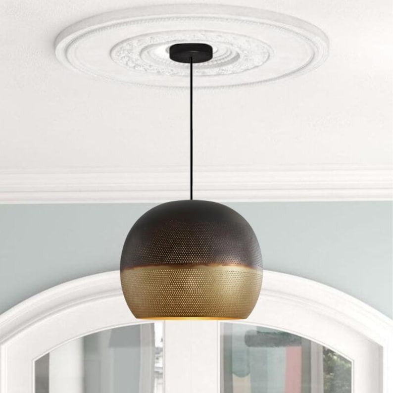 Handmade Two Tone Brass Pendant Light – Moroccan Gray & Gold Perforated Dome Hanging Lamp for Kitchen Island, Dining Room & Modern Boho Home Décor