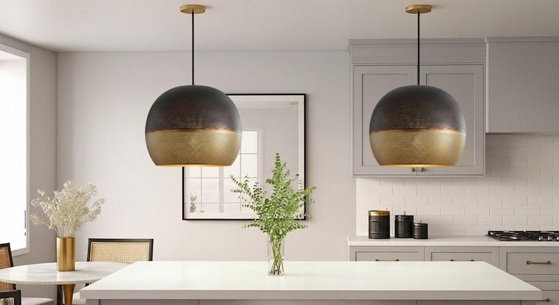Handmade Two Tone Brass Pendant Light – Moroccan Gray & Gold Perforated Dome Hanging Lamp for Kitchen Island, Dining Room & Modern Boho Home Décor