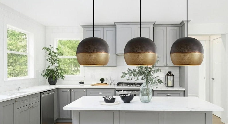Handmade Two Tone Brass Pendant Light – Moroccan Gray & Gold Perforated Dome Hanging Lamp for Kitchen Island, Dining Room & Modern Boho Home Décor