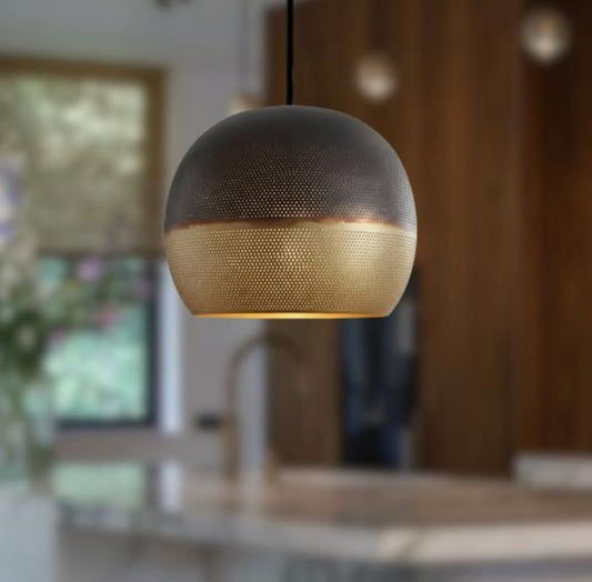 Handmade Two Tone Brass Pendant Light – Moroccan Gray & Gold Perforated Dome Hanging Lamp for Kitchen Island, Dining Room & Modern Boho Home Décor