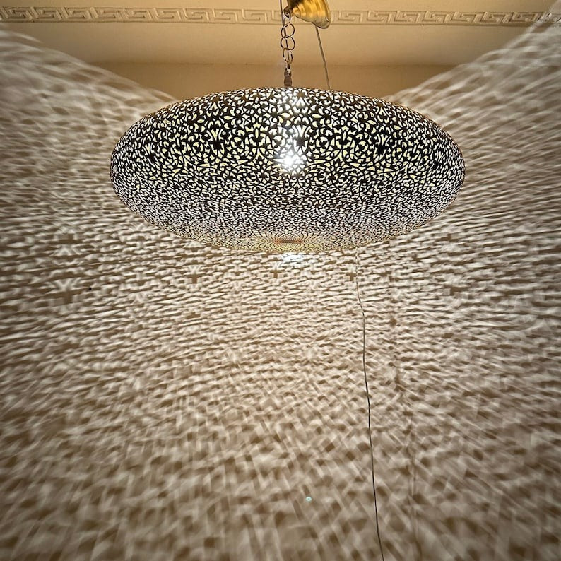 Large Moroccan Black and Gold Pierced Dome Pendant Light, Handmade Moorish Filigree Chandelier, Boho Arabic Shadow Lamp, Luxury Ceiling Light Fixture
