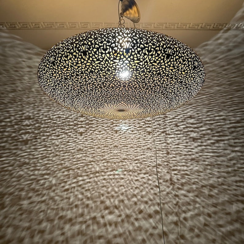Large Moroccan Black and Gold Pierced Dome Pendant Light, Handmade Moorish Filigree Chandelier, Boho Arabic Shadow Lamp, Luxury Ceiling Light Fixture