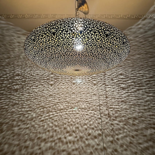 Large Moroccan Black and Gold Pierced Dome Pendant Light, Handmade Moorish Filigree Chandelier, Boho Arabic Shadow Lamp, Luxury Ceiling Light Fixture