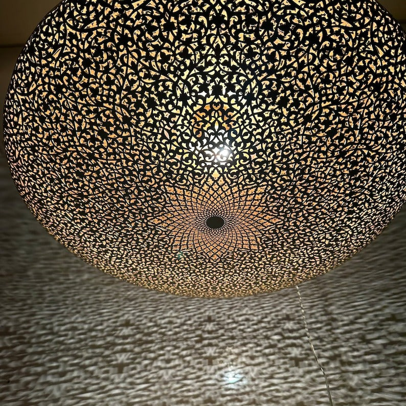 Large Moroccan Black and Gold Pierced Dome Pendant Light, Handmade Moorish Filigree Chandelier, Boho Arabic Shadow Lamp, Luxury Ceiling Light Fixture