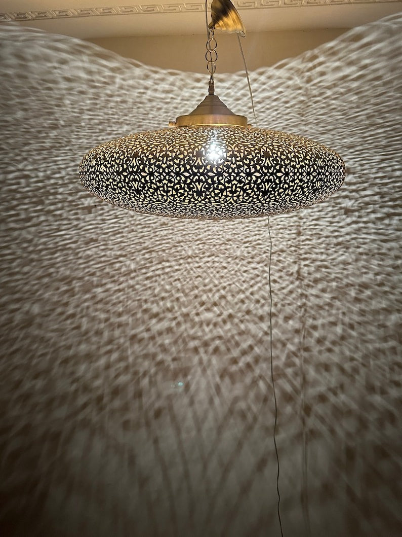 Large Moroccan Black and Gold Pierced Dome Pendant Light, Handmade Moorish Filigree Chandelier, Boho Arabic Shadow Lamp, Luxury Ceiling Light Fixture