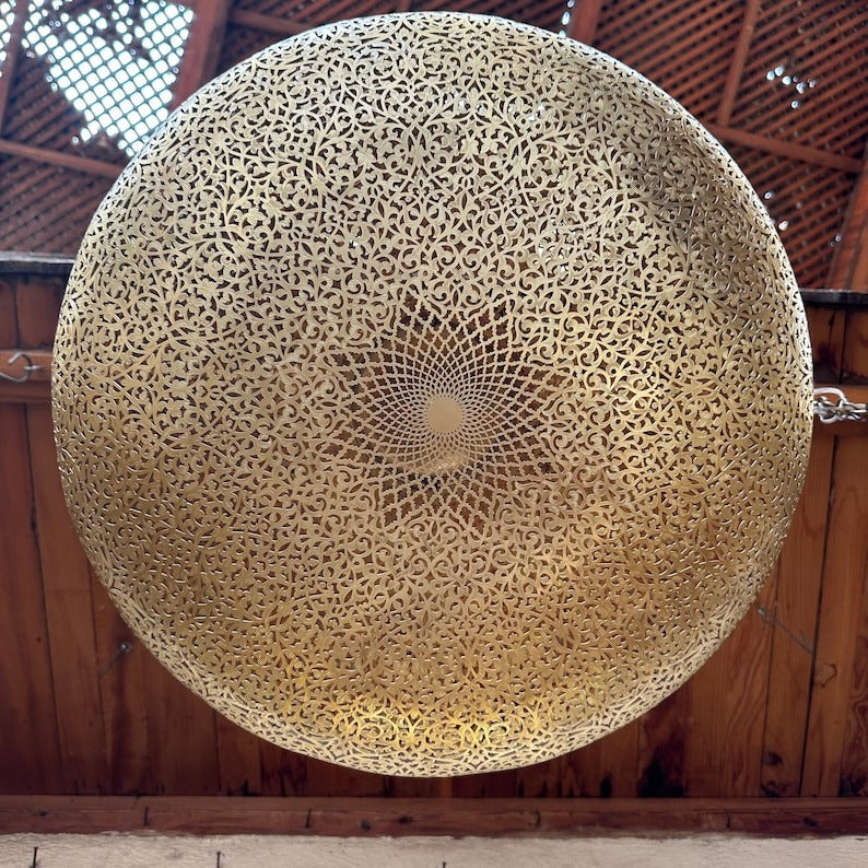 Large Moroccan Black and Gold Pierced Dome Pendant Light, Handmade Moorish Filigree Chandelier, Boho Arabic Shadow Lamp, Luxury Ceiling Light Fixture