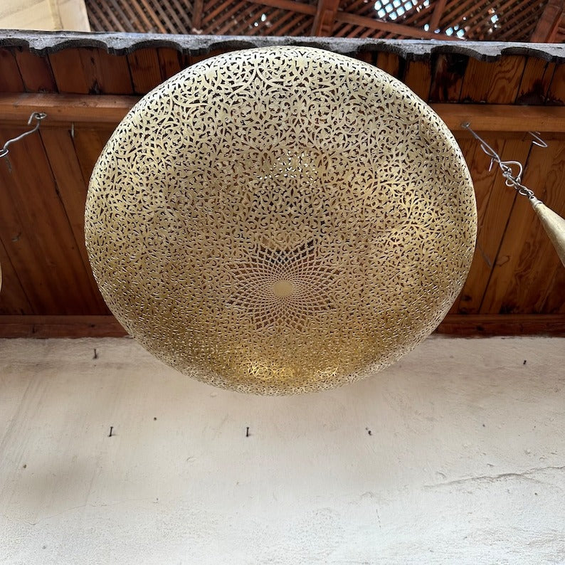 Large Moroccan Black and Gold Pierced Dome Pendant Light, Handmade Moorish Filigree Chandelier, Boho Arabic Shadow Lamp, Luxury Ceiling Light Fixture