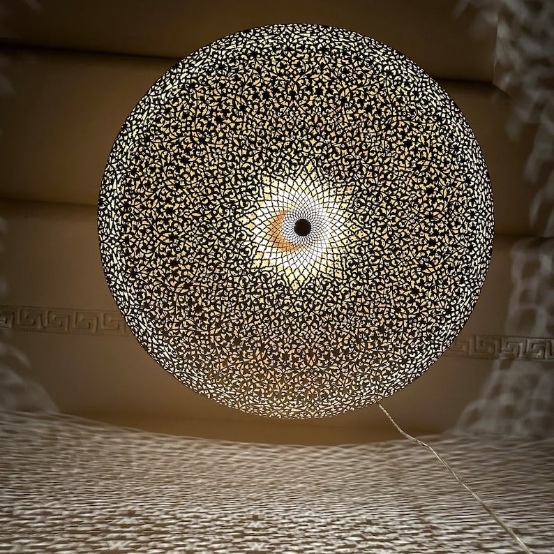 Large Moroccan Black and Gold Pierced Dome Pendant Light, Handmade Moorish Filigree Chandelier, Boho Arabic Shadow Lamp, Luxury Ceiling Light Fixture