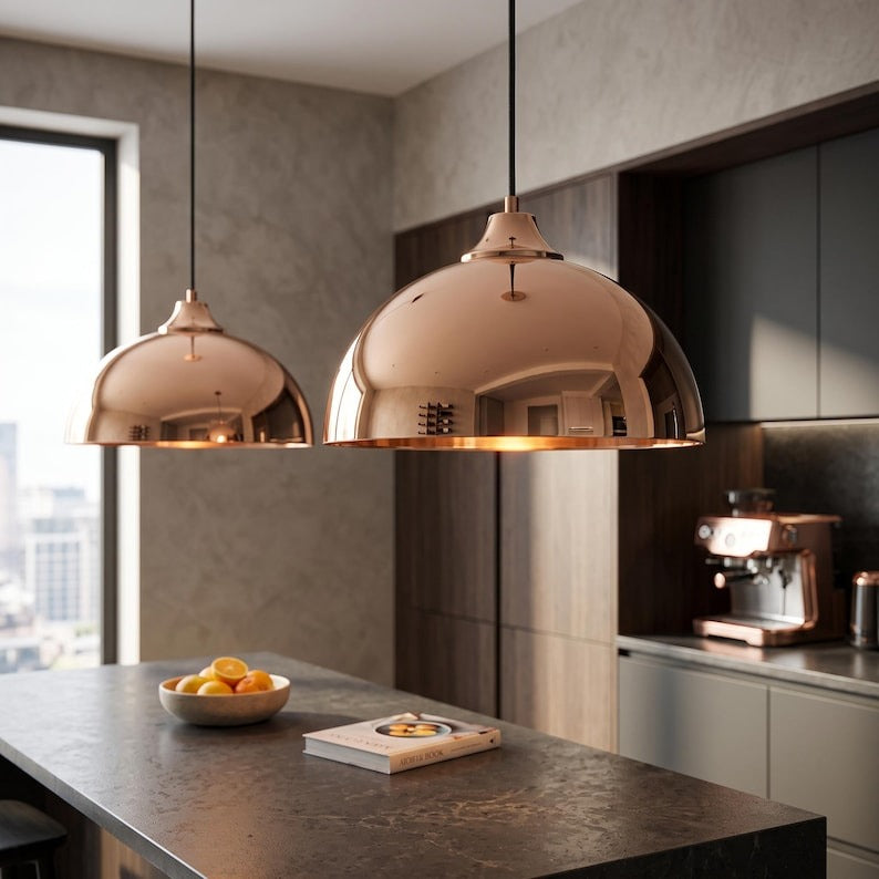 Handmade Polished Brass Pendant Light – Moroccan Copper Gold Dome Hanging Lamp for Kitchen Island, Dining Room, Living Room & Luxury Modern Decor