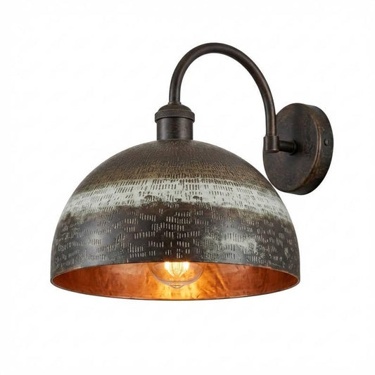 Handmade Moroccan Brass Dome Wall Sconce – Textured Antique Bronze and Whitewashed Brass Gooseneck Wall Light with Warm Copper Interior for Kitchen, Bedroom, Hallway & Entryway