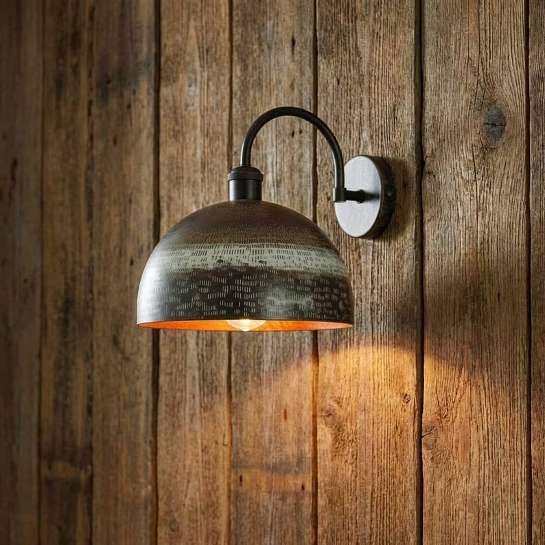 Handmade Moroccan Brass Dome Wall Sconce – Textured Antique Bronze and Whitewashed Brass Gooseneck Wall Light with Warm Copper Interior for Kitchen, Bedroom, Hallway & Entryway