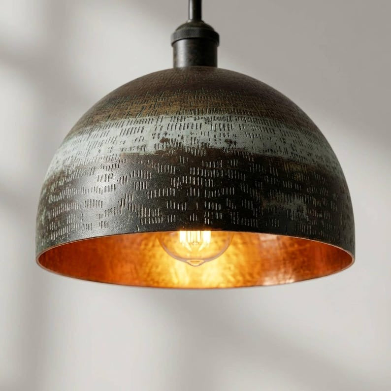 Handmade Moroccan Brass Dome Wall Sconce – Textured Antique Bronze and Whitewashed Brass Gooseneck Wall Light with Warm Copper Interior for Kitchen, Bedroom, Hallway & Entryway