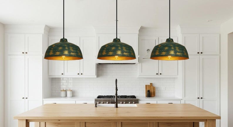 Antique Green Brass Dome Pendant Light – Hand-Finished Gold Patina Kitchen Island Chandelier