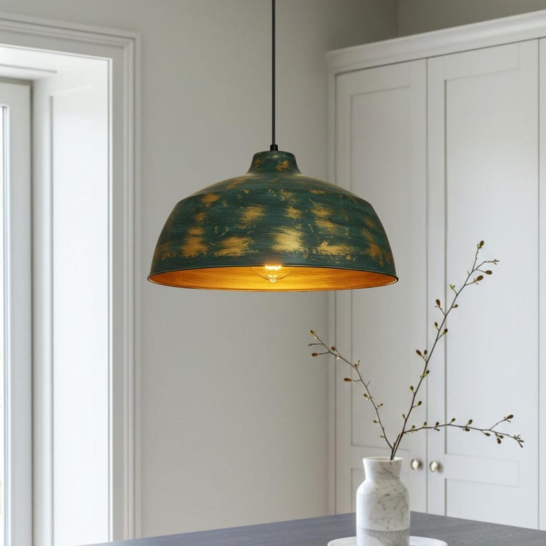 Antique Green Brass Dome Pendant Light – Hand-Finished Gold Patina Kitchen Island Chandelier