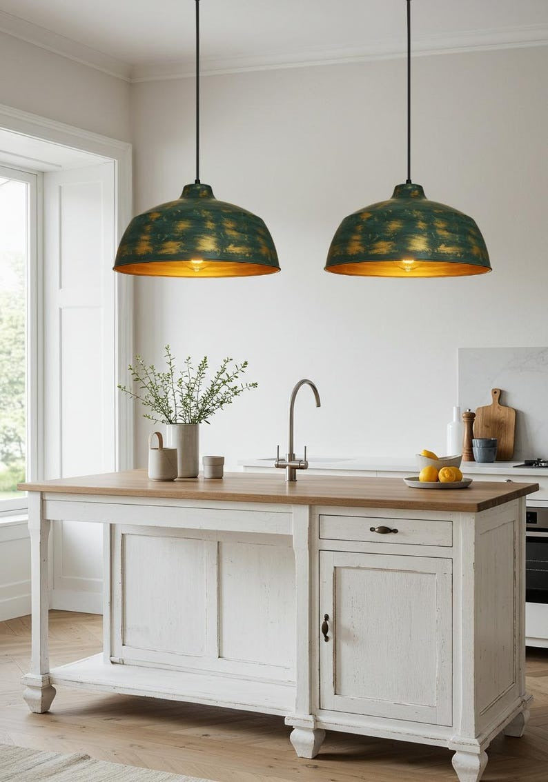 Antique Green Brass Dome Pendant Light – Hand-Finished Gold Patina Kitchen Island Chandelier