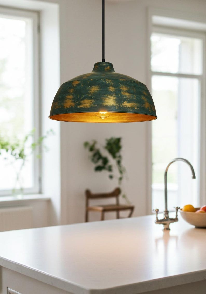 Antique Green Brass Dome Pendant Light – Hand-Finished Gold Patina Kitchen Island Chandelier