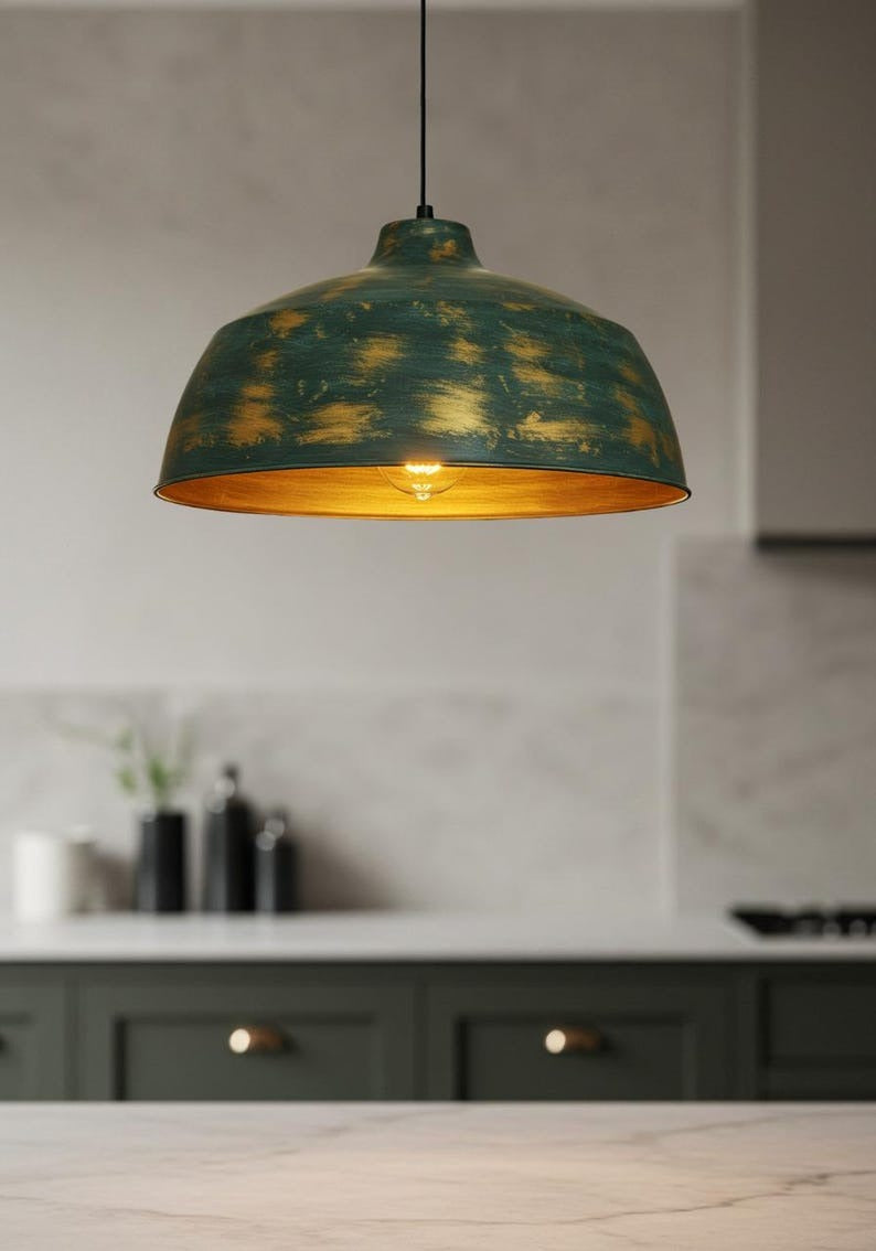 Antique Green Brass Dome Pendant Light – Hand-Finished Gold Patina Kitchen Island Chandelier