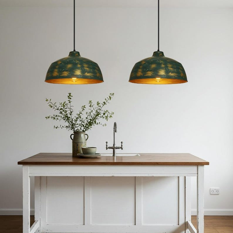 Antique Green Brass Dome Pendant Light – Hand-Finished Gold Patina Kitchen Island Chandelier