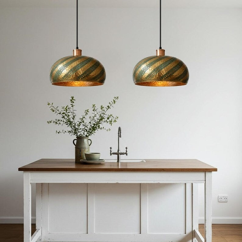 Hammered Brass Dome Pendant Light – Green Patina Spiral Kitchen Island Chandelier with Pierced Details