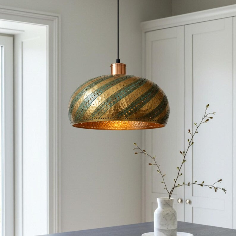 Hammered Brass Dome Pendant Light – Green Patina Spiral Kitchen Island Chandelier with Pierced Details