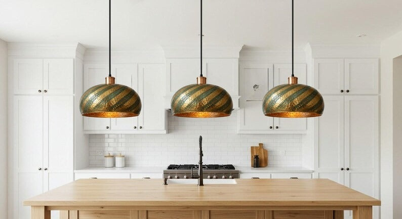 Hammered Brass Dome Pendant Light – Green Patina Spiral Kitchen Island Chandelier with Pierced Details