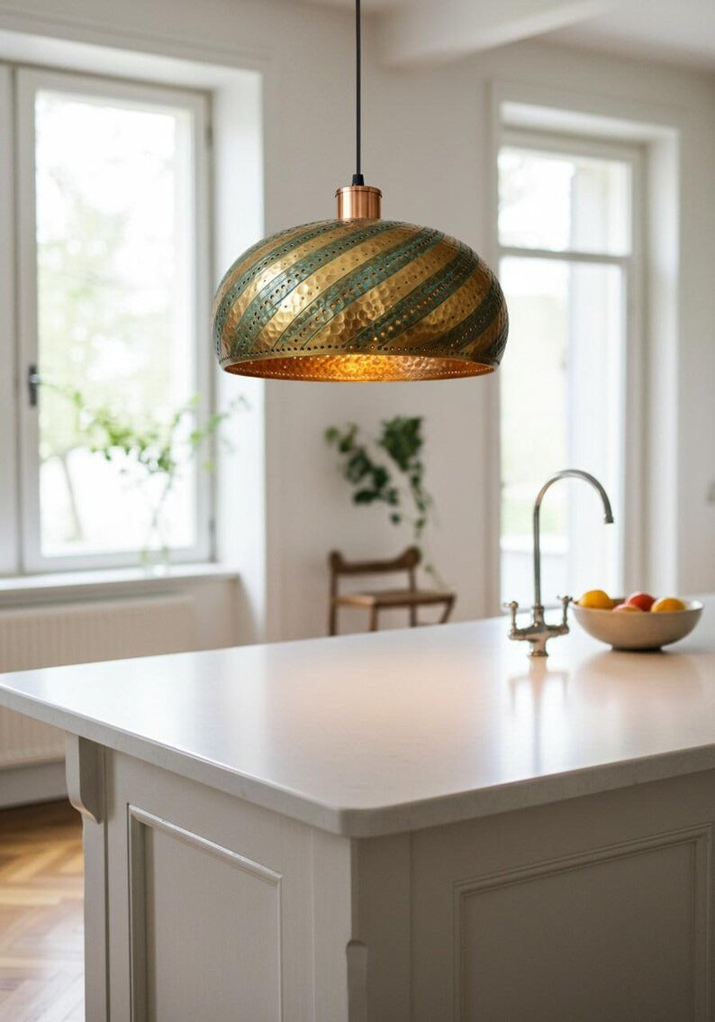 Hammered Brass Dome Pendant Light – Green Patina Spiral Kitchen Island Chandelier with Pierced Details