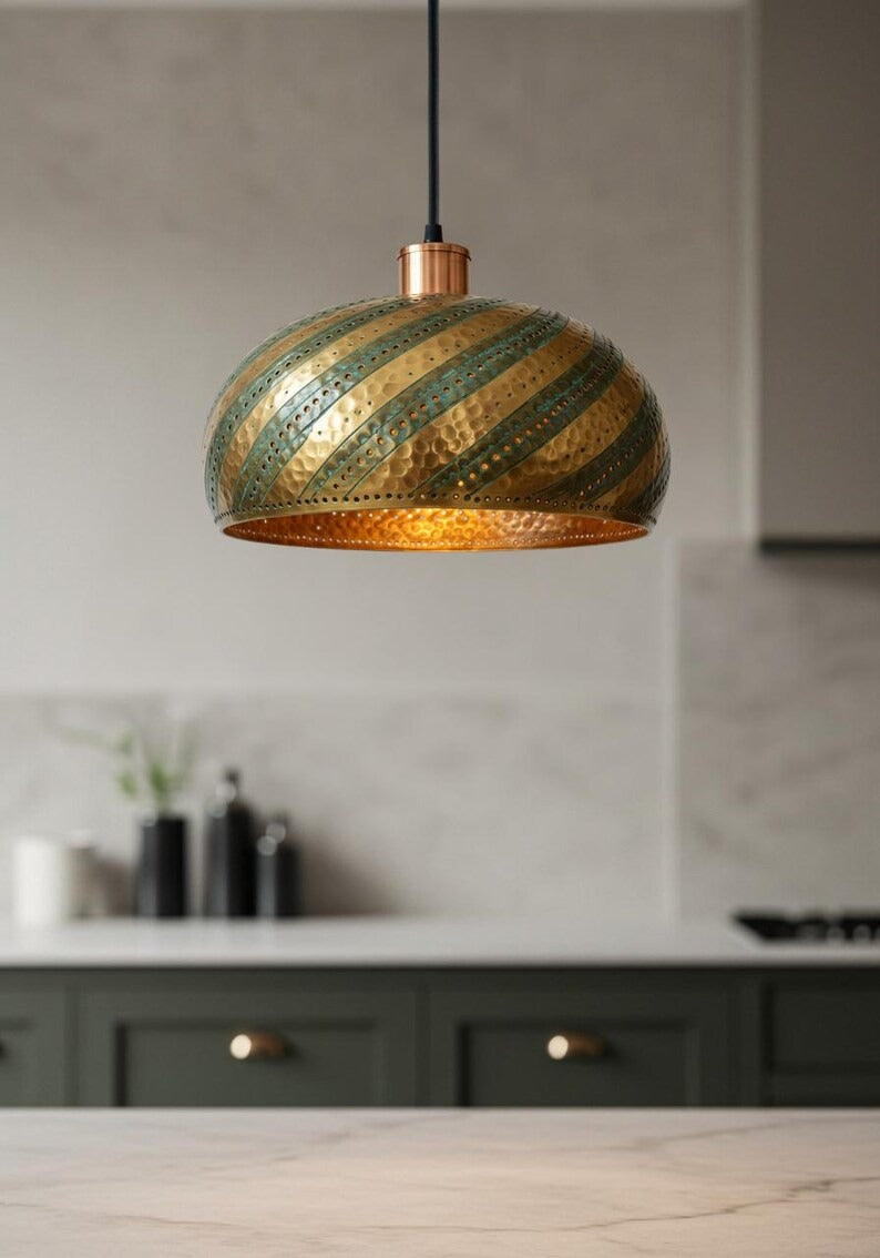 Hammered Brass Dome Pendant Light – Green Patina Spiral Kitchen Island Chandelier with Pierced Details