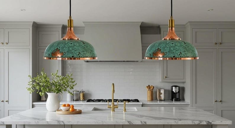 Green Patina Copper Pendant Light, Handmade Moroccan Copper Dome Chandelier, Rustic Verdigris Kitchen Island Light, Copper Hanging Lamp for Dining Room and Farmhouse Kitchen