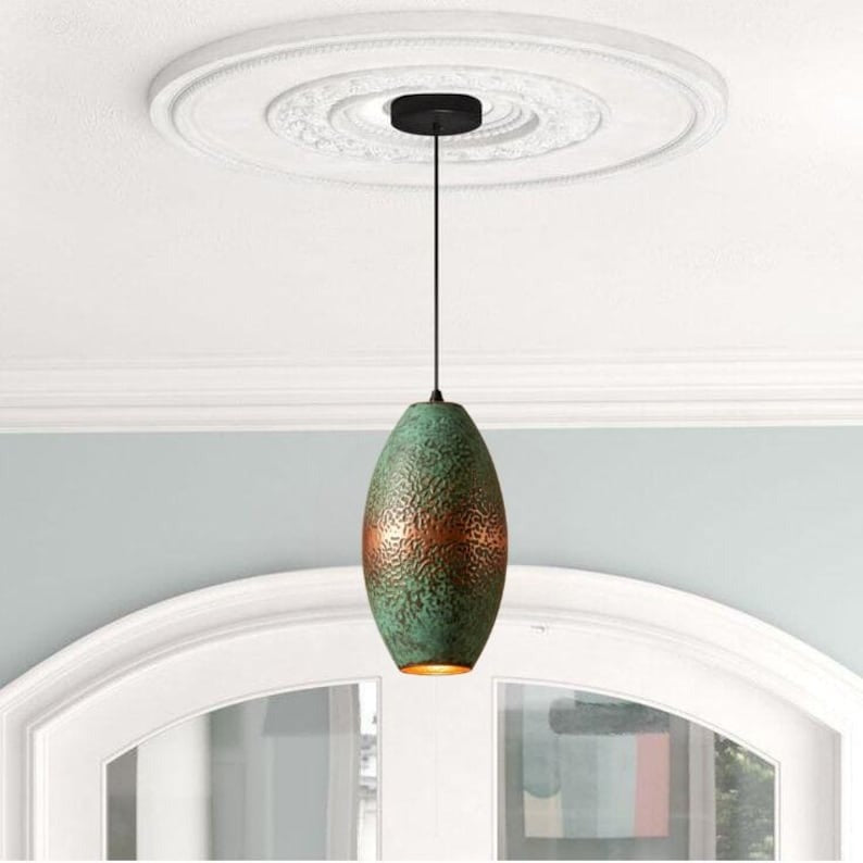 Handmade Green Patina Brass Pendant Light – Moroccan Oval Hanging Lamp with Hammered Copper Brass Accent for Kitchen Island, Dining Room & Boho Home Décor