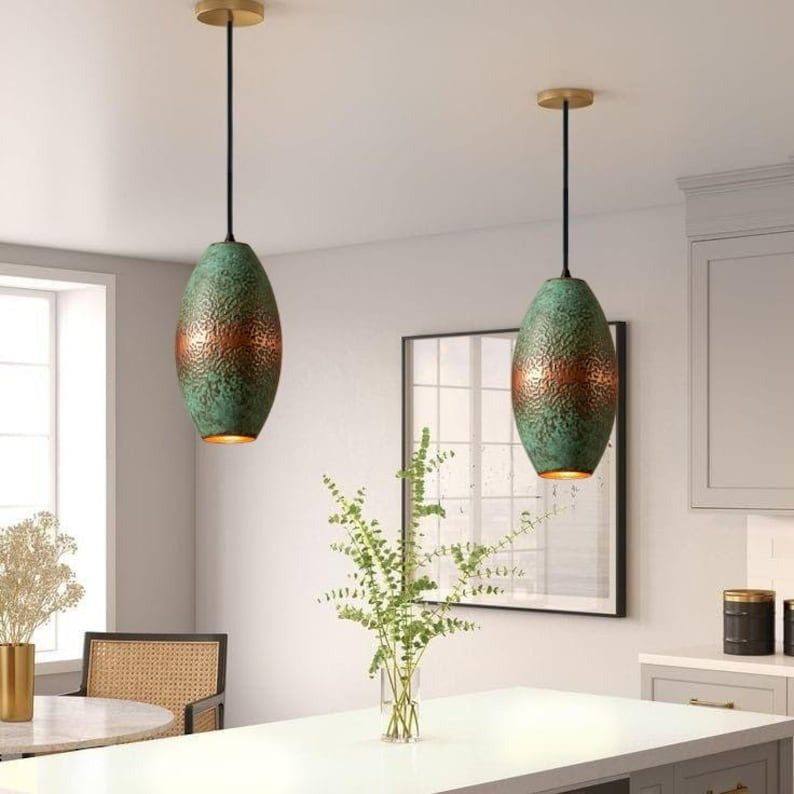 Handmade Green Patina Brass Pendant Light – Moroccan Oval Hanging Lamp with Hammered Copper Brass Accent for Kitchen Island, Dining Room & Boho Home Décor