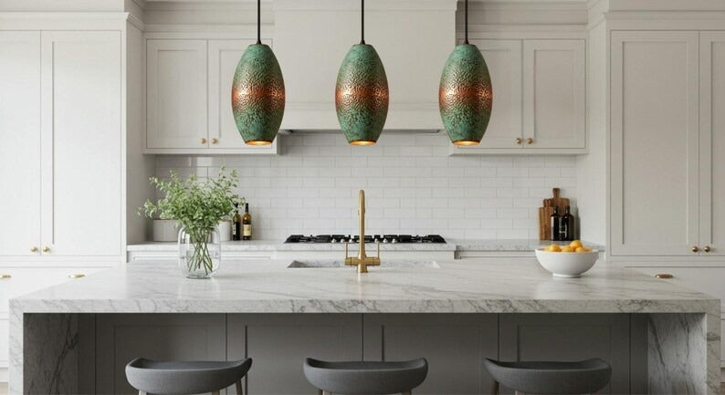 Handmade Green Patina Brass Pendant Light – Moroccan Oval Hanging Lamp with Hammered Copper Brass Accent for Kitchen Island, Dining Room & Boho Home Décor