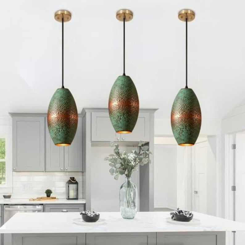 Handmade Green Patina Brass Pendant Light – Moroccan Oval Hanging Lamp with Hammered Copper Brass Accent for Kitchen Island, Dining Room & Boho Home Décor