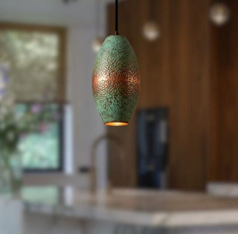 Handmade Green Patina Brass Pendant Light – Moroccan Oval Hanging Lamp with Hammered Copper Brass Accent for Kitchen Island, Dining Room & Boho Home Décor