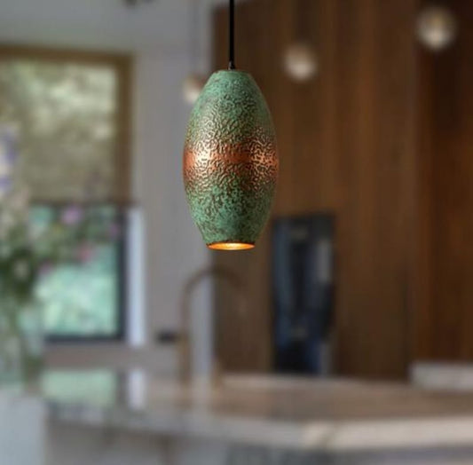 Handmade Green Patina Brass Pendant Light – Moroccan Oval Hanging Lamp with Hammered Copper Brass Accent for Kitchen Island, Dining Room & Boho Home Décor