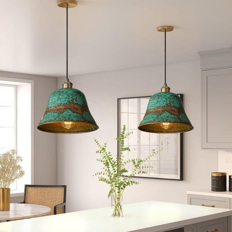 Handmade Brass Bell Pendant Light – Verdigris Green Patina Moroccan Hanging Lamp, Hammered Brass Kitchen Island Pendant, Rustic Farmhouse Ceiling Light Fixture