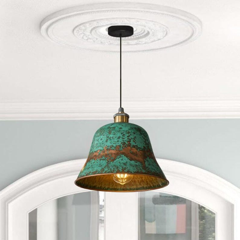 Handmade Brass Bell Pendant Light – Verdigris Green Patina Moroccan Hanging Lamp, Hammered Brass Kitchen Island Pendant, Rustic Farmhouse Ceiling Light Fixture