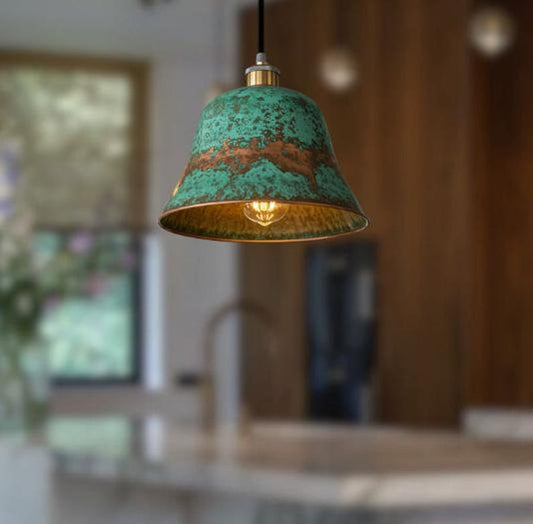 Handmade Brass Bell Pendant Light – Verdigris Green Patina Moroccan Hanging Lamp, Hammered Brass Kitchen Island Pendant, Rustic Farmhouse Ceiling Light Fixture