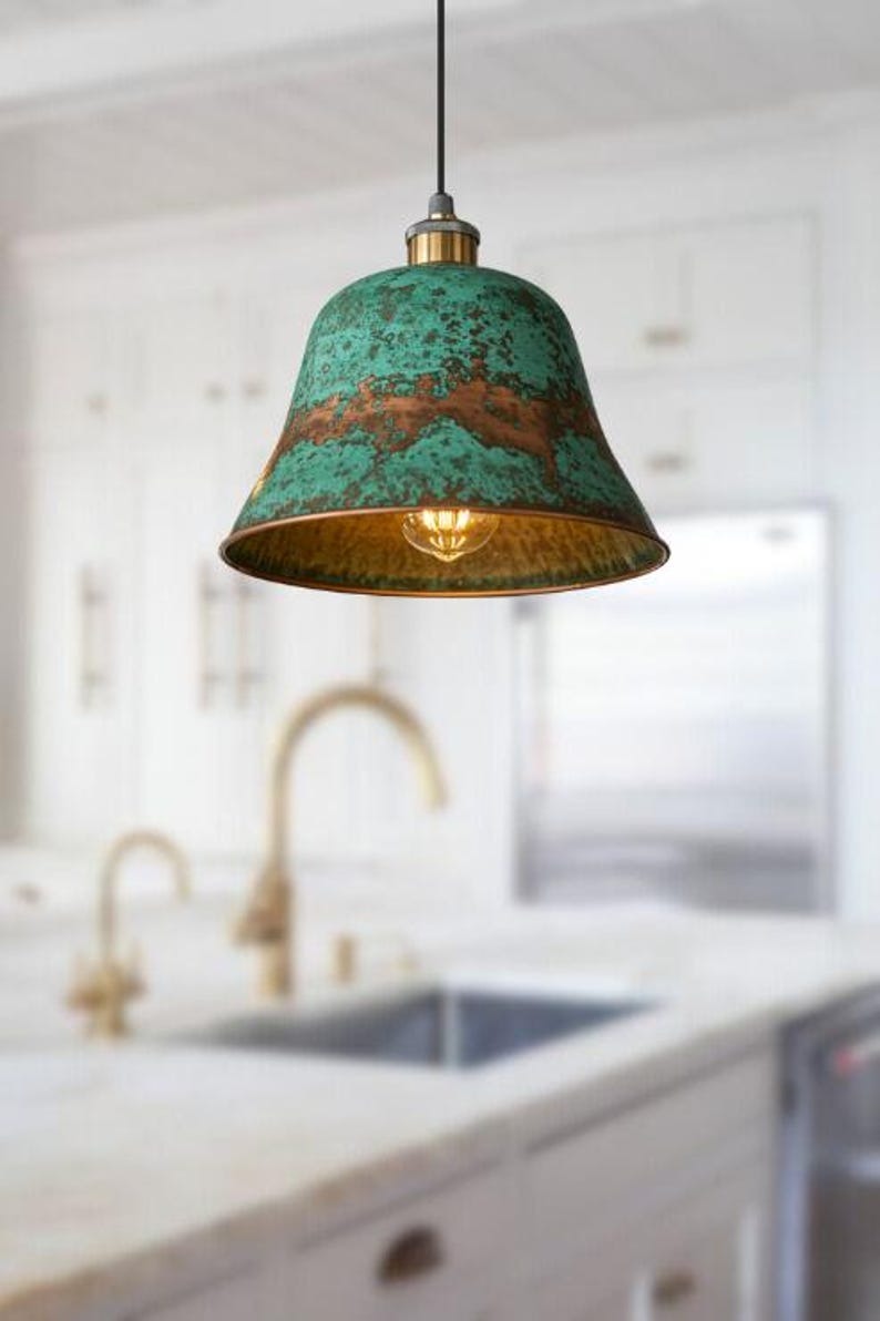 Handmade Brass Bell Pendant Light – Verdigris Green Patina Moroccan Hanging Lamp, Hammered Brass Kitchen Island Pendant, Rustic Farmhouse Ceiling Light Fixture