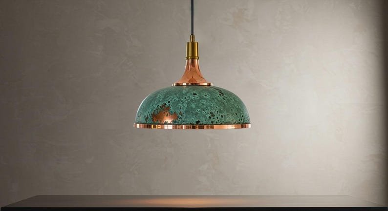 Green Patina Copper Pendant Light, Handmade Moroccan Copper Dome Chandelier, Rustic Verdigris Kitchen Island Light, Copper Hanging Lamp for Dining Room and Farmhouse Kitchen