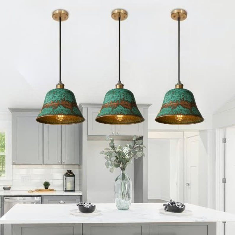 Handmade Brass Bell Pendant Light – Verdigris Green Patina Moroccan Hanging Lamp, Hammered Brass Kitchen Island Pendant, Rustic Farmhouse Ceiling Light Fixture