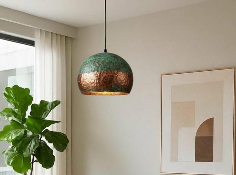 Handmade Hammered Brass Pendant Light with Green Patina – Moroccan Dome Hanging Lamp for Kitchen Island, Dining Room, Living Room & Boho Home Decor