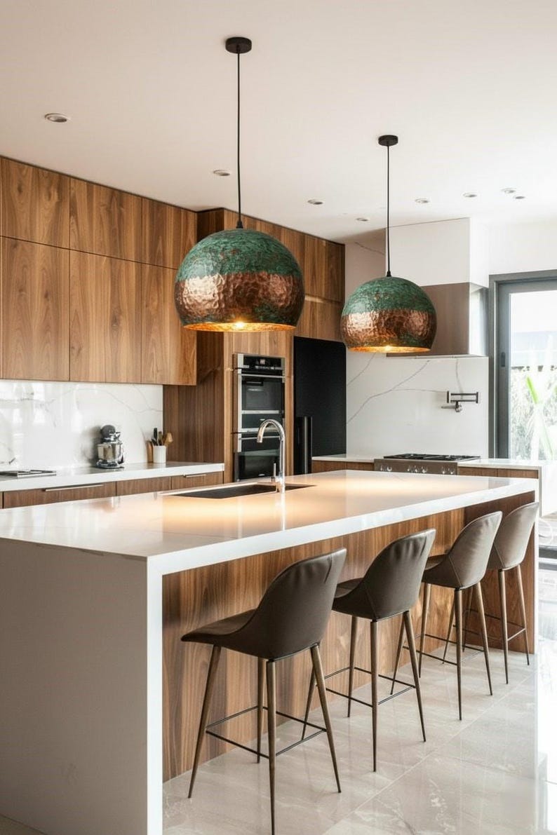 Handmade Hammered Brass Pendant Light with Green Patina – Moroccan Dome Hanging Lamp for Kitchen Island, Dining Room, Living Room & Boho Home Decor