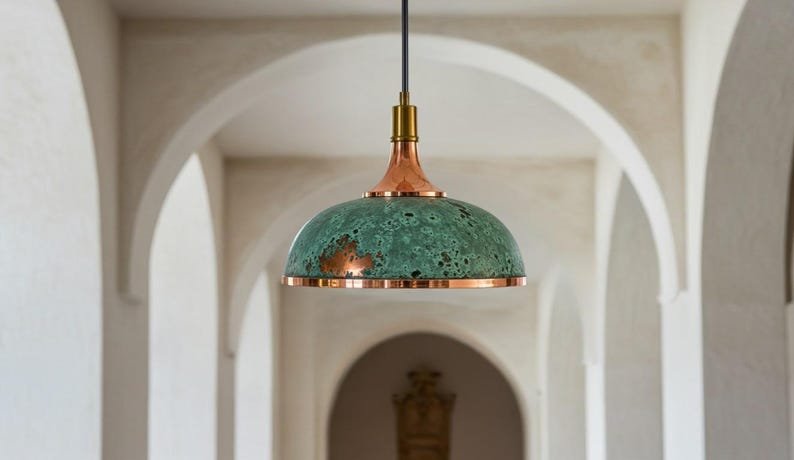 Green Patina Copper Pendant Light, Handmade Moroccan Copper Dome Chandelier, Rustic Verdigris Kitchen Island Light, Copper Hanging Lamp for Dining Room and Farmhouse Kitchen