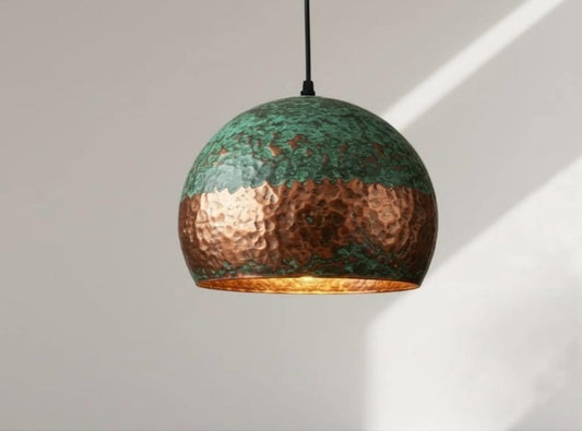 Handmade Hammered Brass Pendant Light with Green Patina – Moroccan Dome Hanging Lamp for Kitchen Island, Dining Room, Living Room & Boho Home Decor